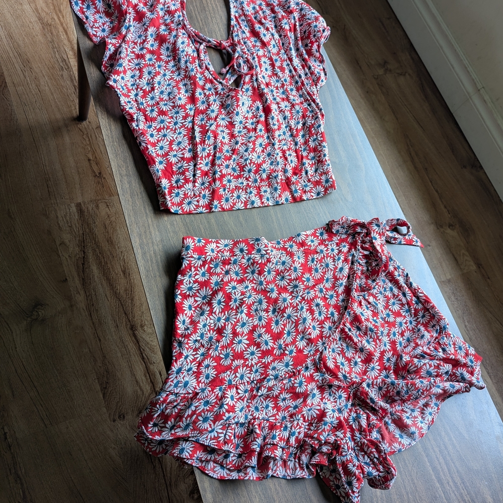 Zara Red Floral Matching Top And Skirt Set Size S/M